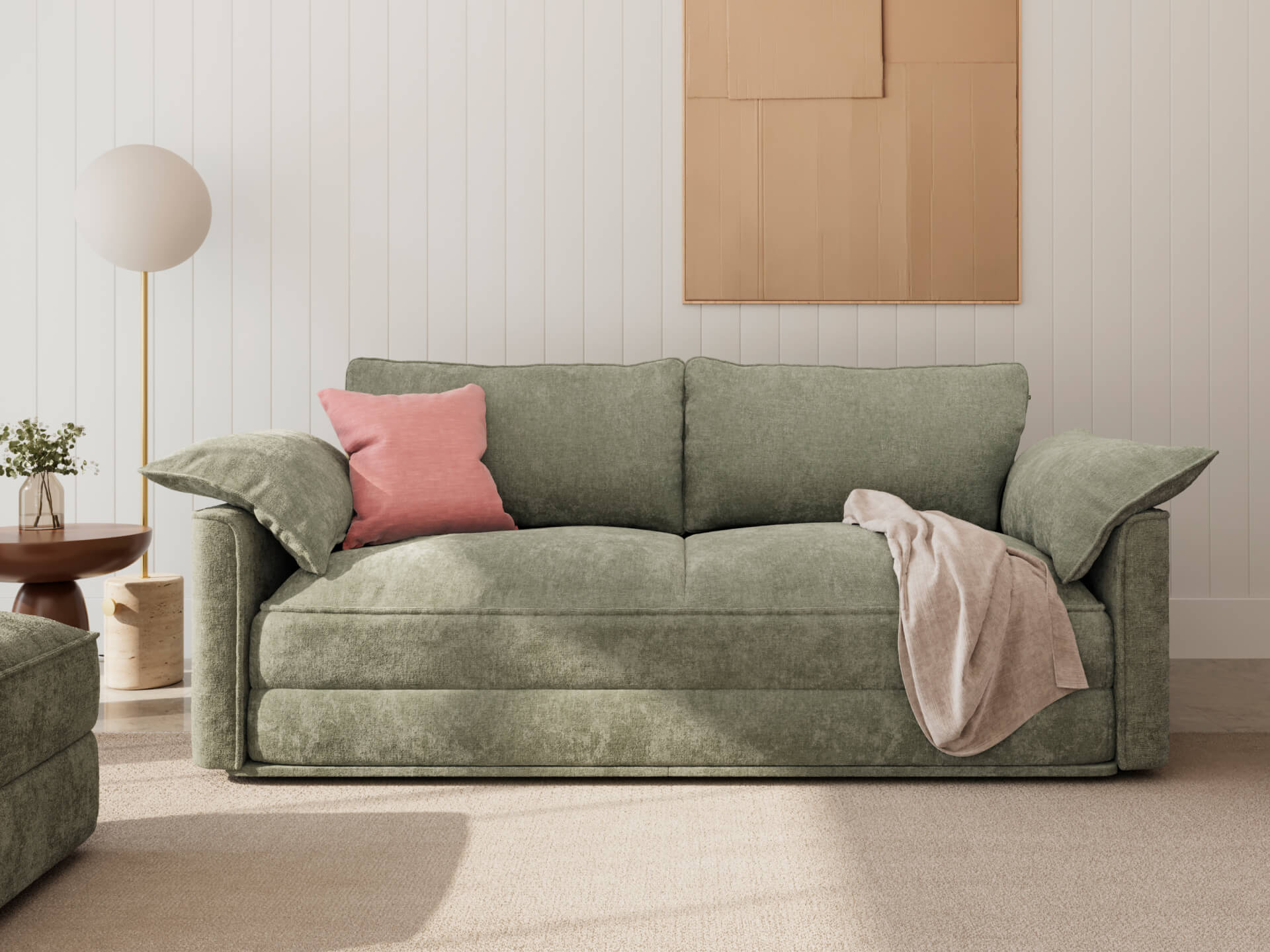 Koala Cushy Sofa Bed in sage green styled in modern living room setting