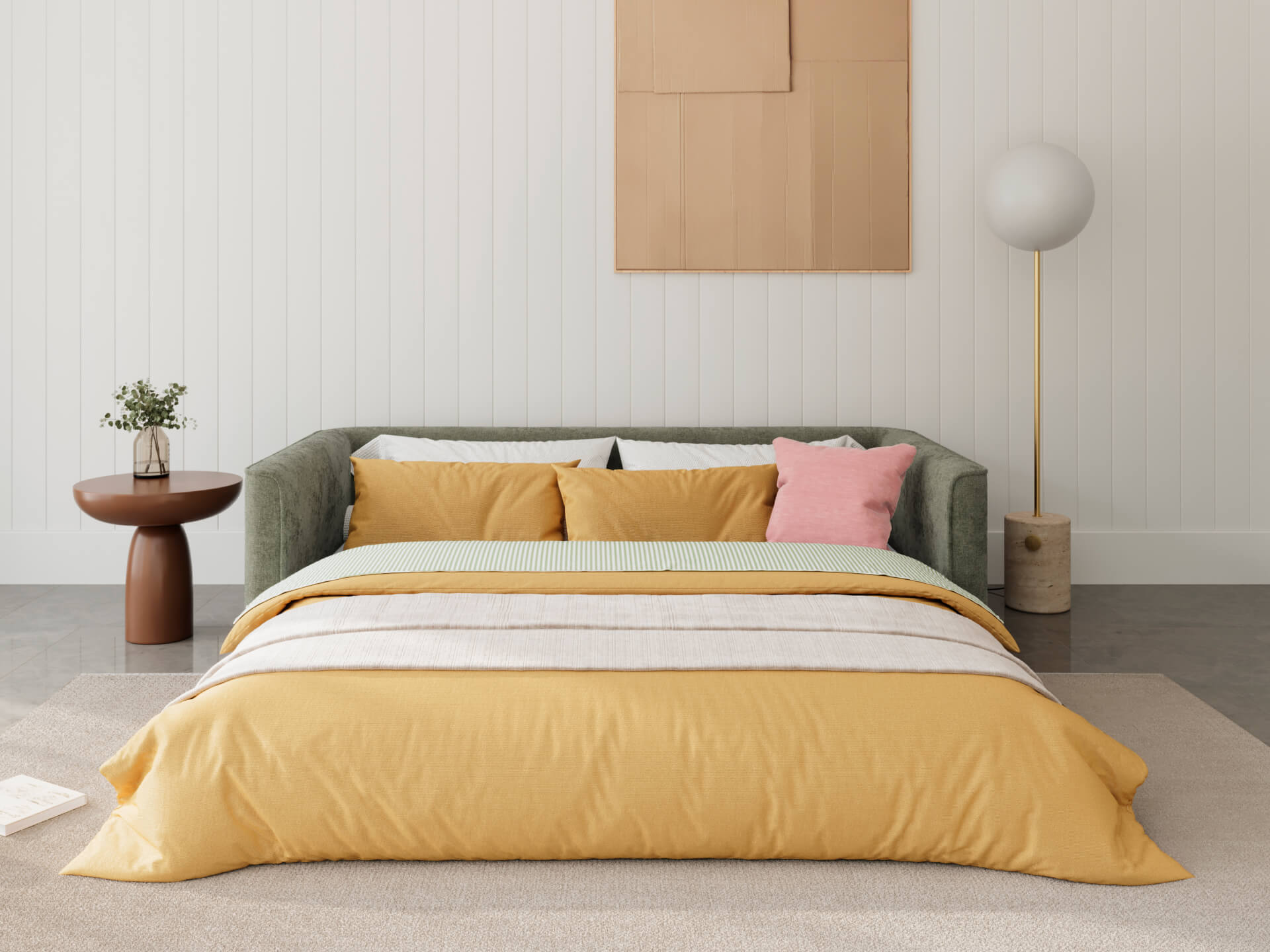 Koala Cushy Sofa Bed in sage green unfolded into bed mode in room setting