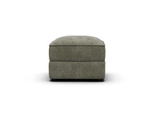 Luxurious ottoman in rich olive fabric, featuring a plush cushioned top and sleek lines. Perfect for modern living spaces, offering style and comfort.