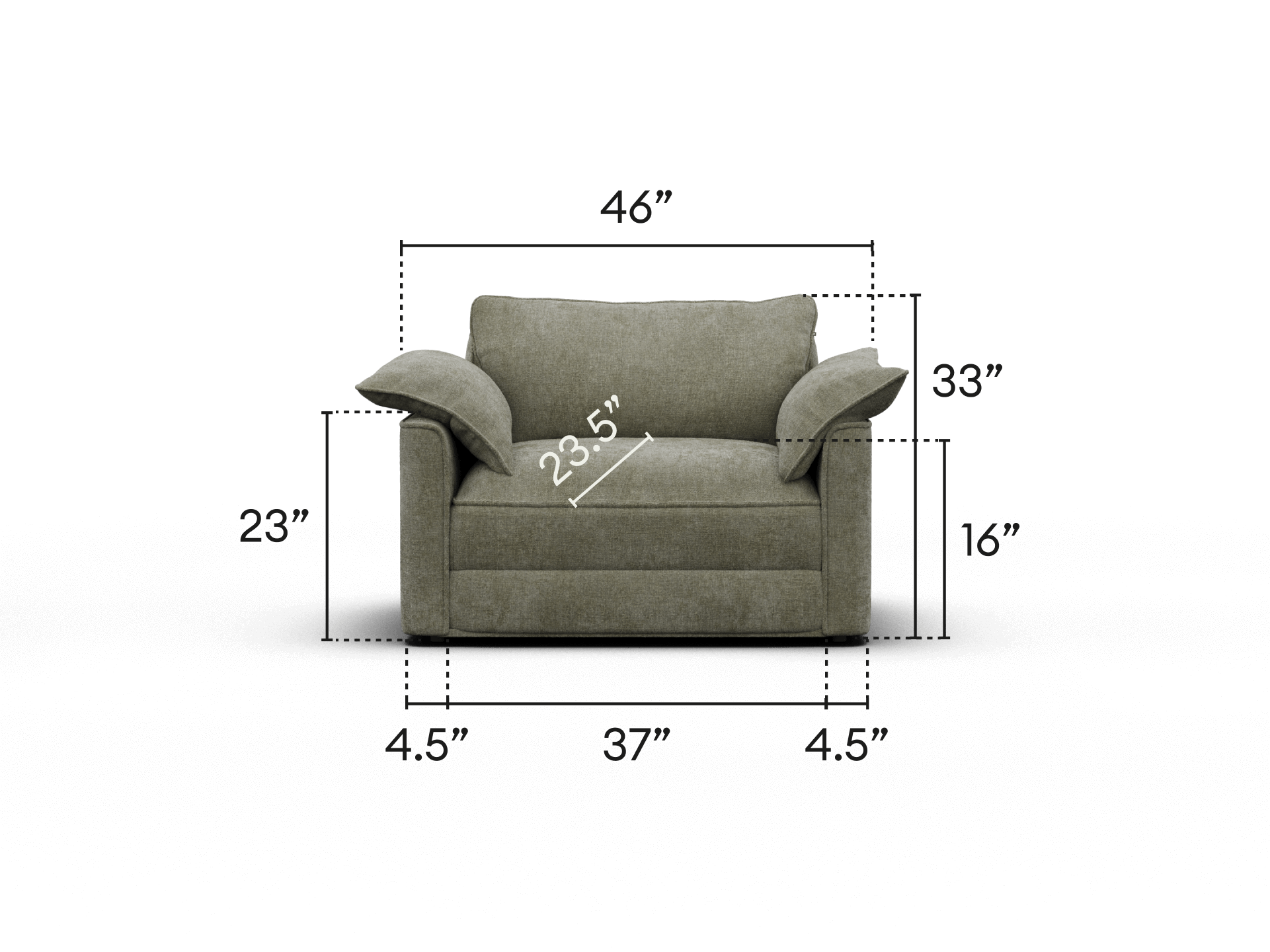 Luxury beige fabric armchair with plush cushions and elegant wide armrests. Features include precise measurements and deep seating, ideal for modern living spaces.