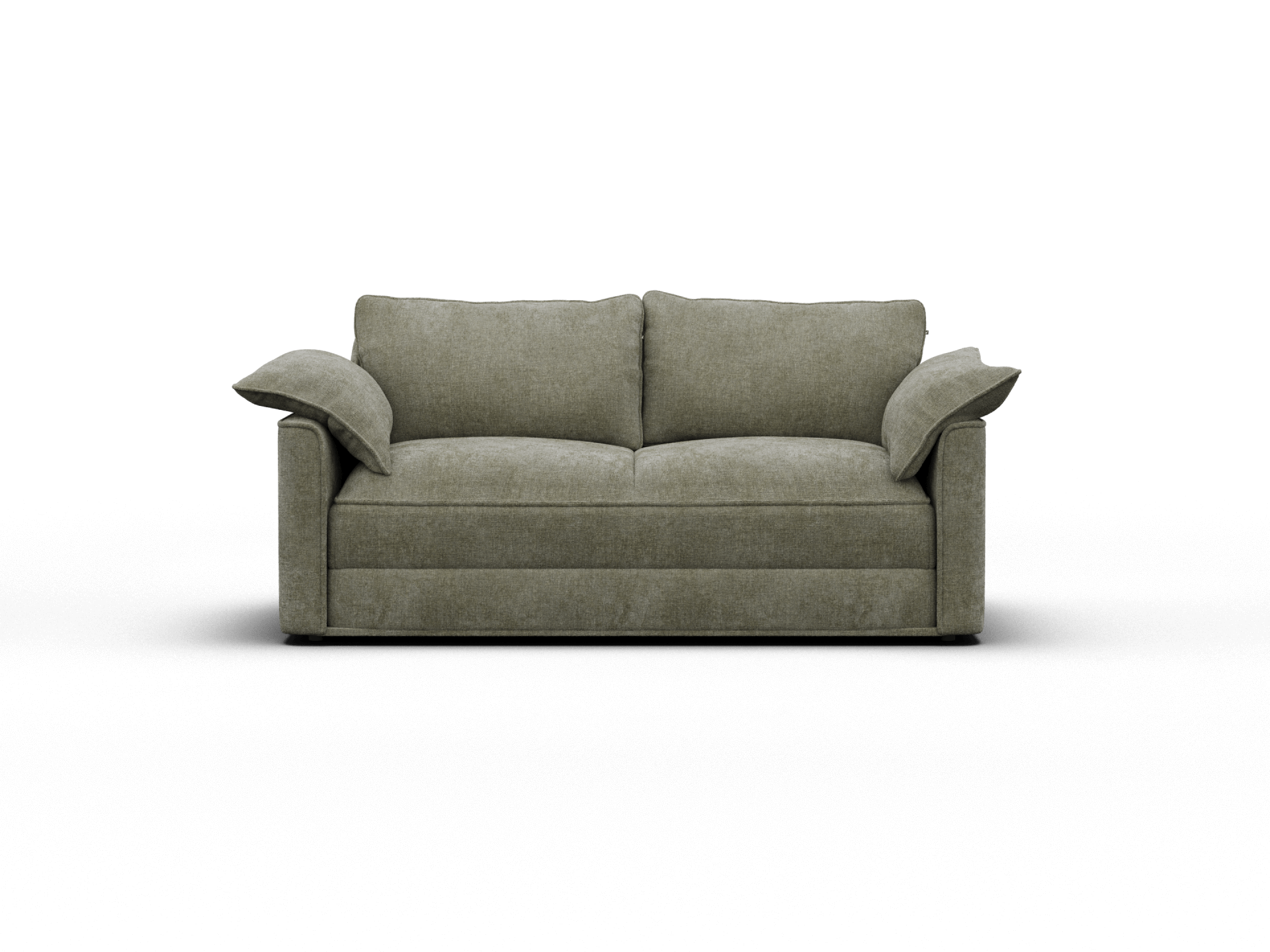 Luxurious olive green velvet sofa with plush cushions and wide armrests, set in a minimalist living space.