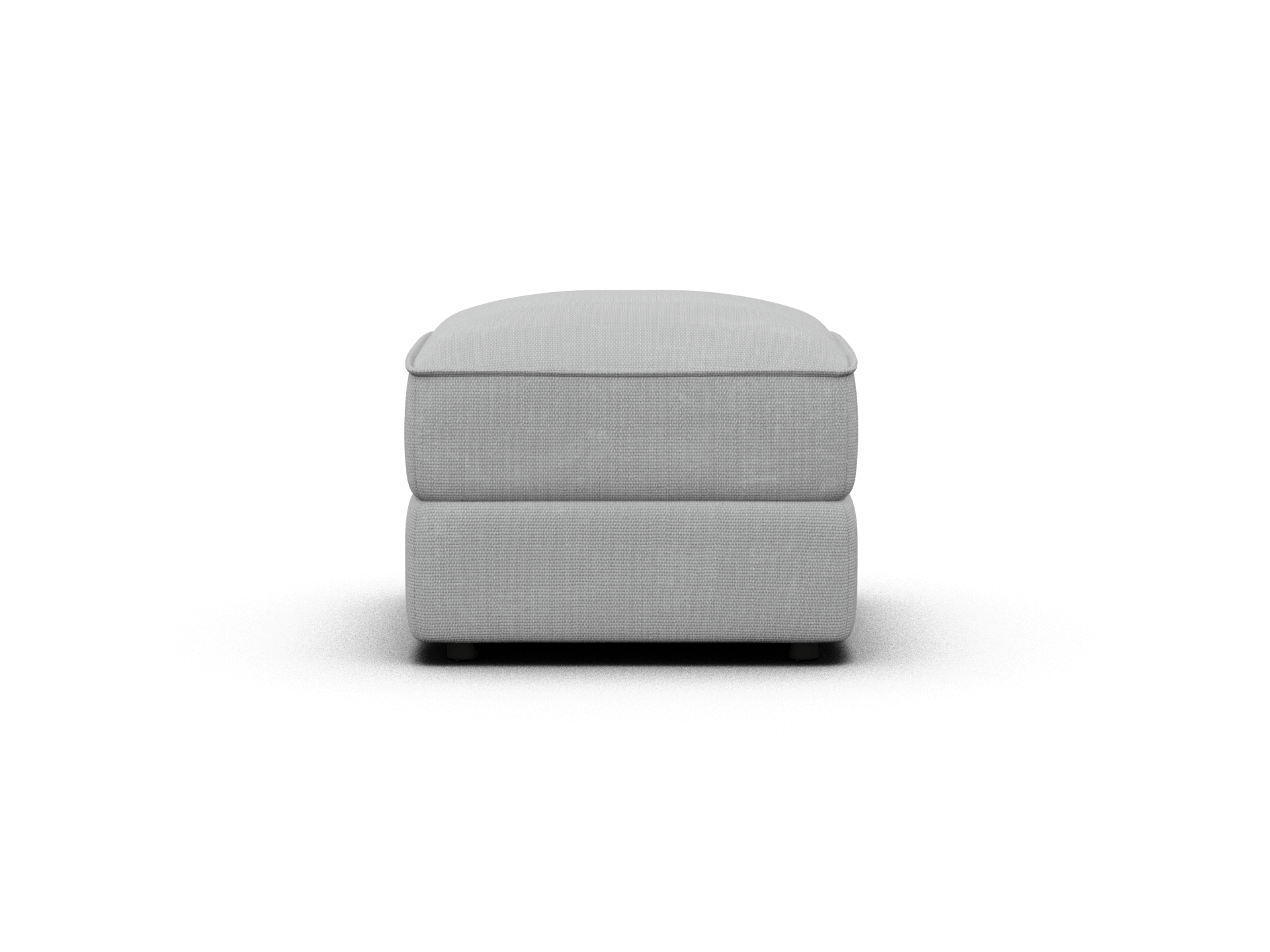 Grey fabric ottoman; minimalist design with soft upholstery and plush cushioning. Versatile footrest or extra seating for modern living spaces.