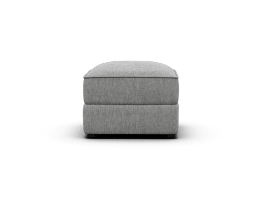 Luxury grey fabric ottoman with a sleek, minimalist design. Upholstered in premium linen blend, featuring a firm cushion top. Ideal for modern living spaces.