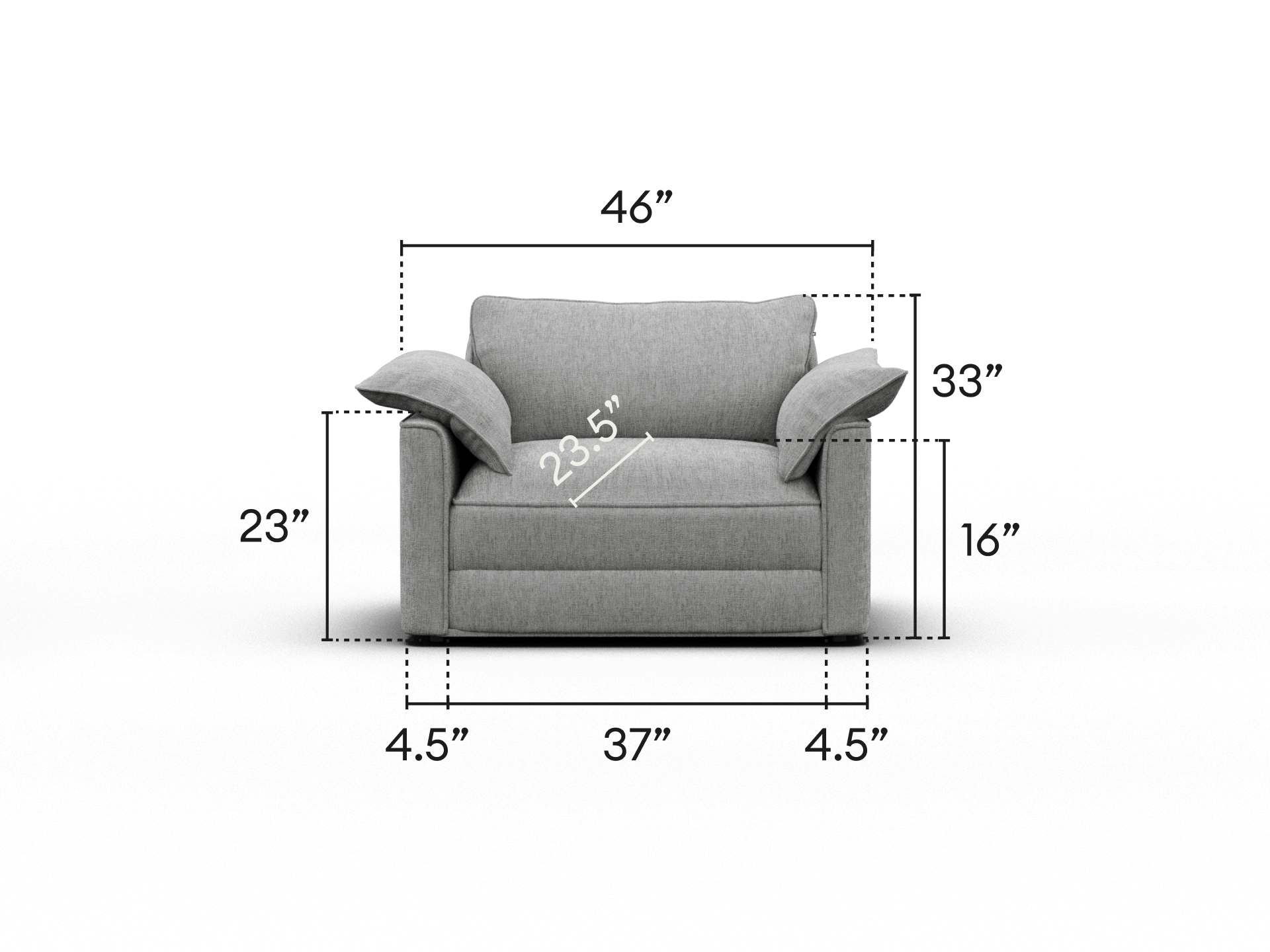 Luxurious grey fabric armchair featuring plush cushions, wide armrests, and a modern design. Ideal for sophisticated living spaces.