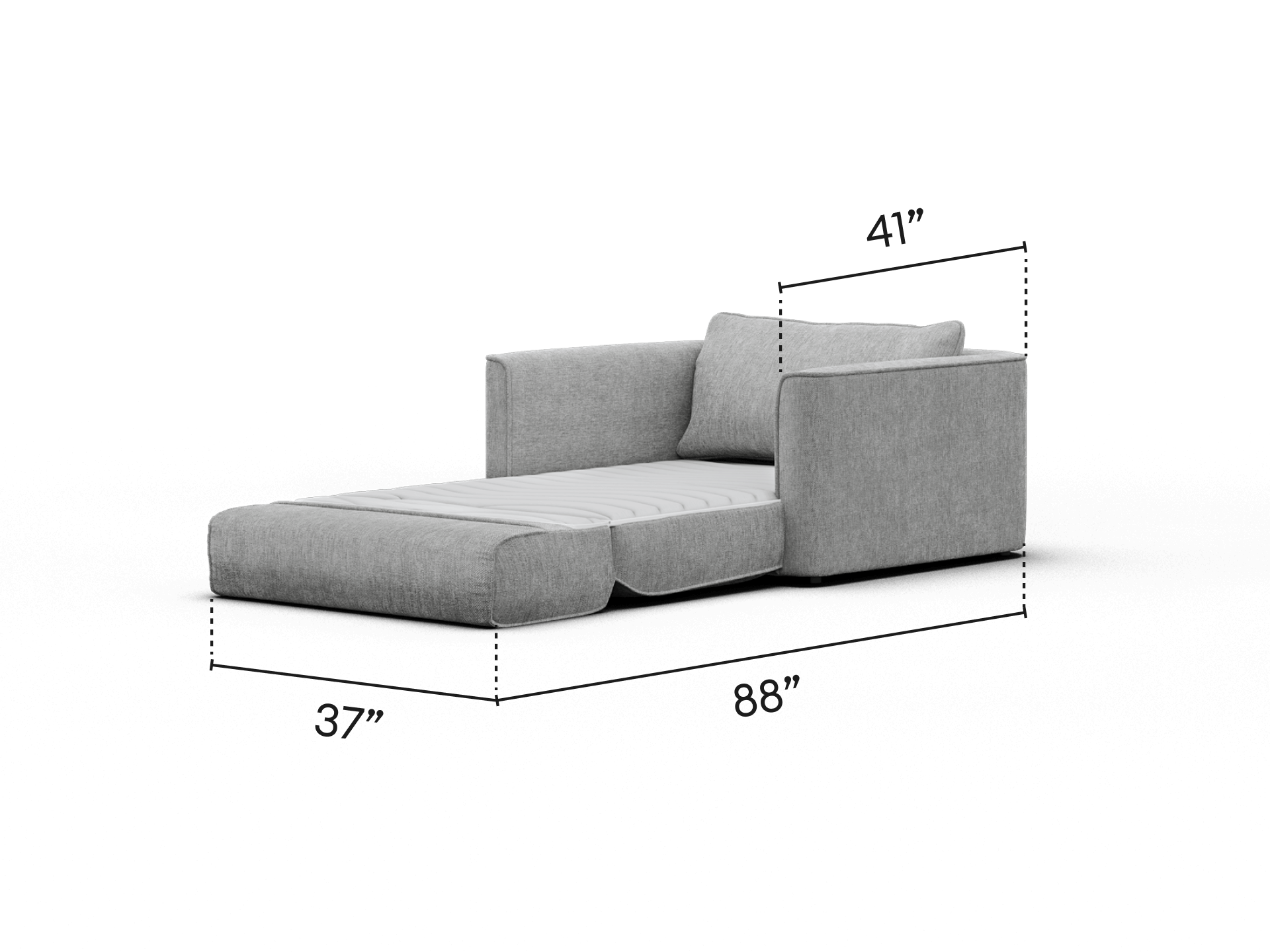 Modern grey fabric chaise lounge featuring plush cushions and clean lines; ideal for upscale living rooms, offering both comfort and elegance.
