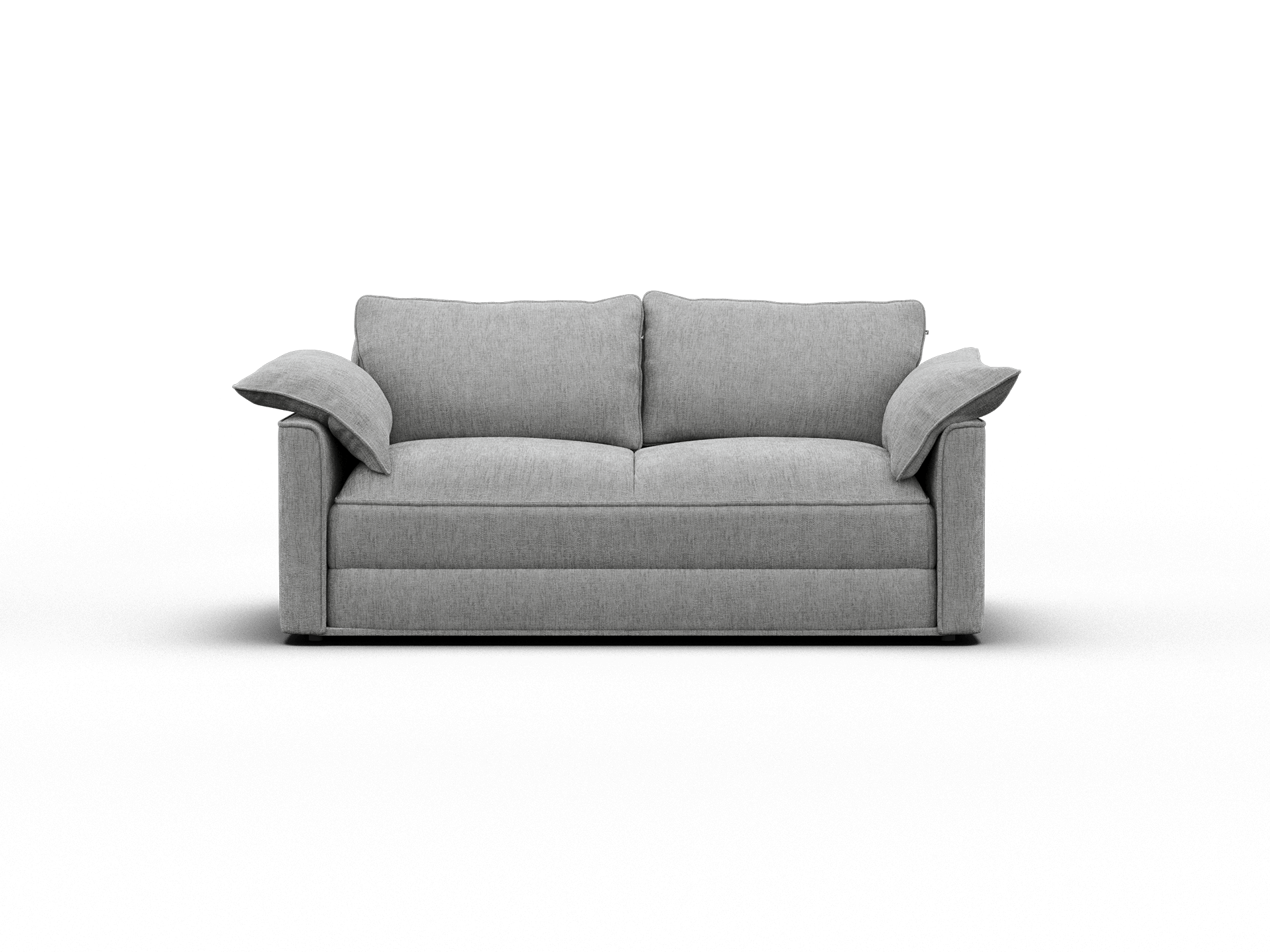 Sophisticated grey fabric sofa featuring plush cushions and wide armrests, set on a sleek black carpet, ideal for modern living spaces.