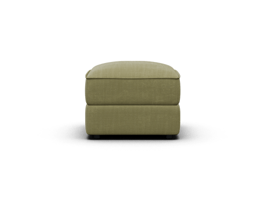 Luxury olive green ottoman, upholstered in premium textured fabric, features clean lines and plush cushioning, ideal for sophisticated living spaces.