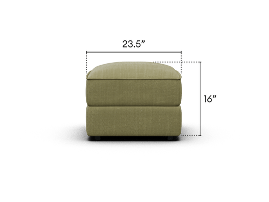 Modern olive green ottoman featuring plush upholstery and clean lines. Compact dimensions make it ideal for contemporary living spaces.