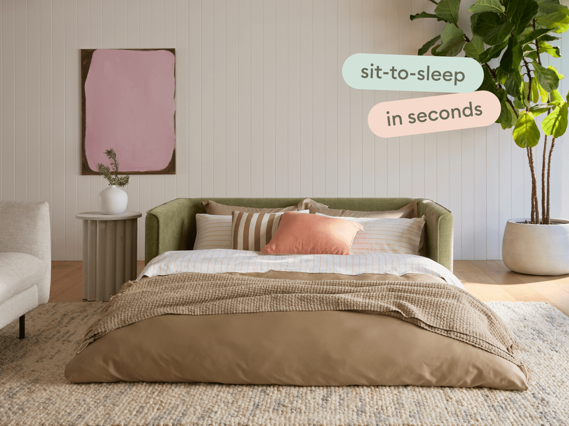 Koala Sofa Bed converting from sofa to bed with FlipBed design in olive green fabric