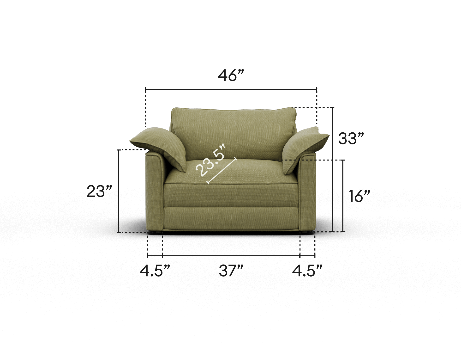Sage green armchair with plush cushions, crafted from luxe fabric. Features wide arms and deep seat. Dimensions: 44"W x 38"D x 35"H. Ideal for modern living spaces.
