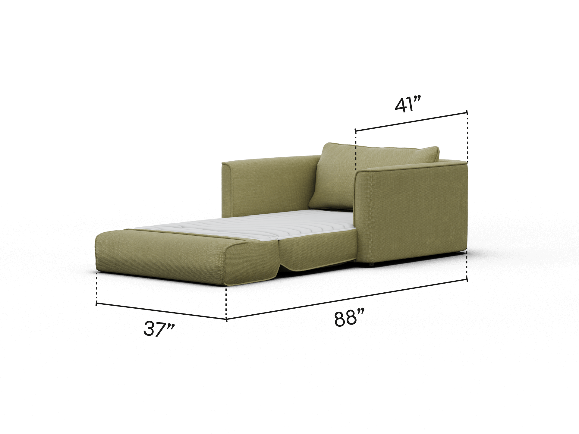 Olive green upholstered sofa bed with clean lines, plush cushioning, and a modern profile; shown with a pulled-out mattress, ideal for a luxury living room.