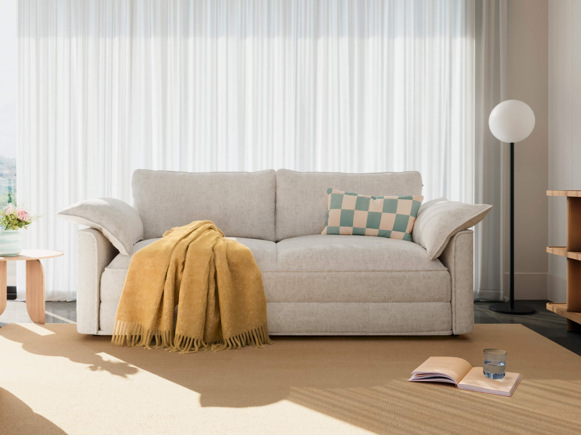 Koala Cushy Sofa Bed in sandstone styled in modern living room setting