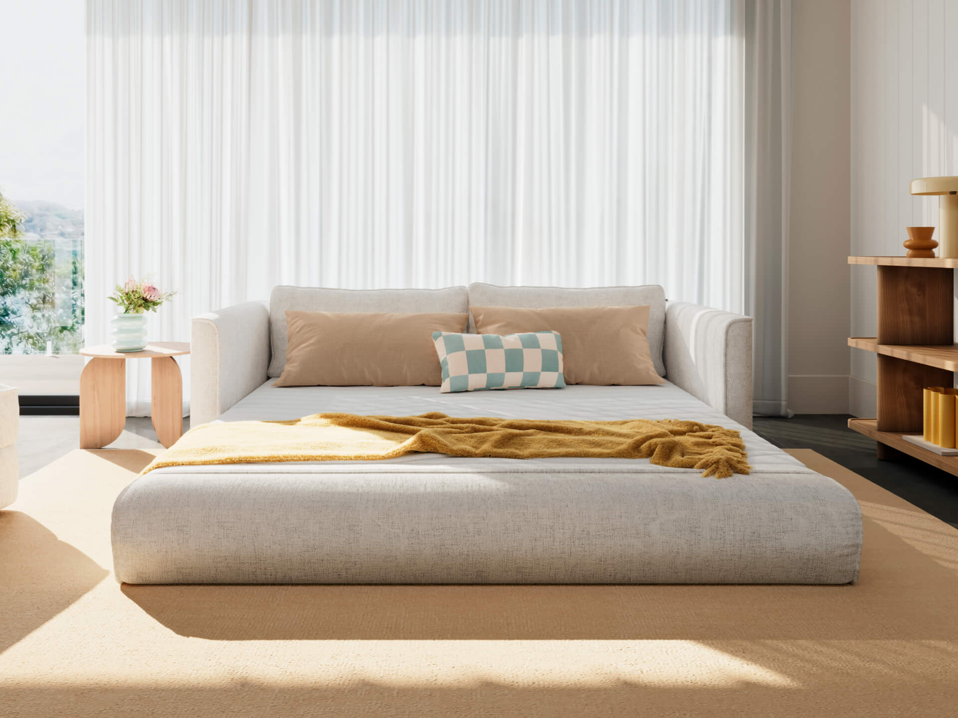 Koala Cushy Sofa Bed in sandstone unfolded into bed mode in room setting