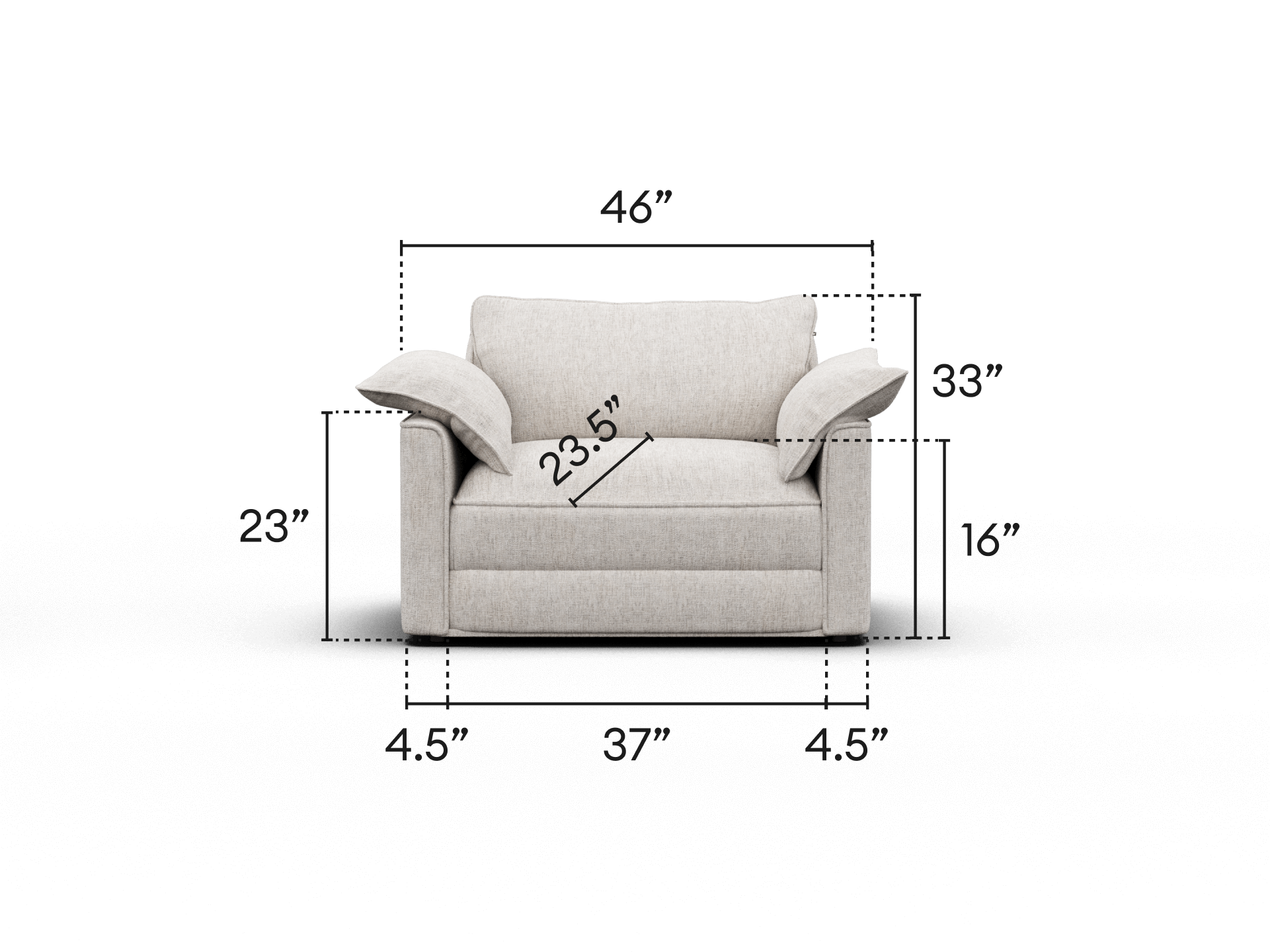 Luxurious grey armchair with plush cushions, upholstered in soft fabric. Features wide armrests and a modern silhouette, perfect for sophisticated living spaces.