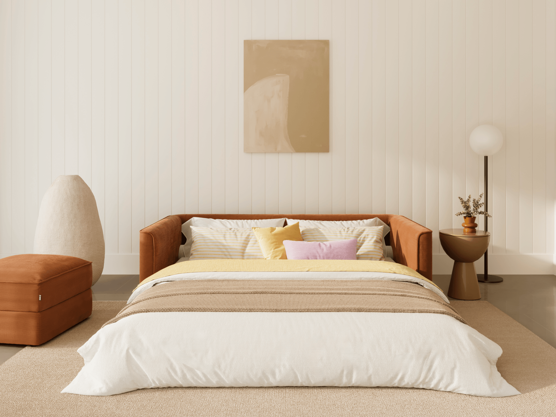 Koala Sofa Bed King in terracotta corduroy front view on grey studio background