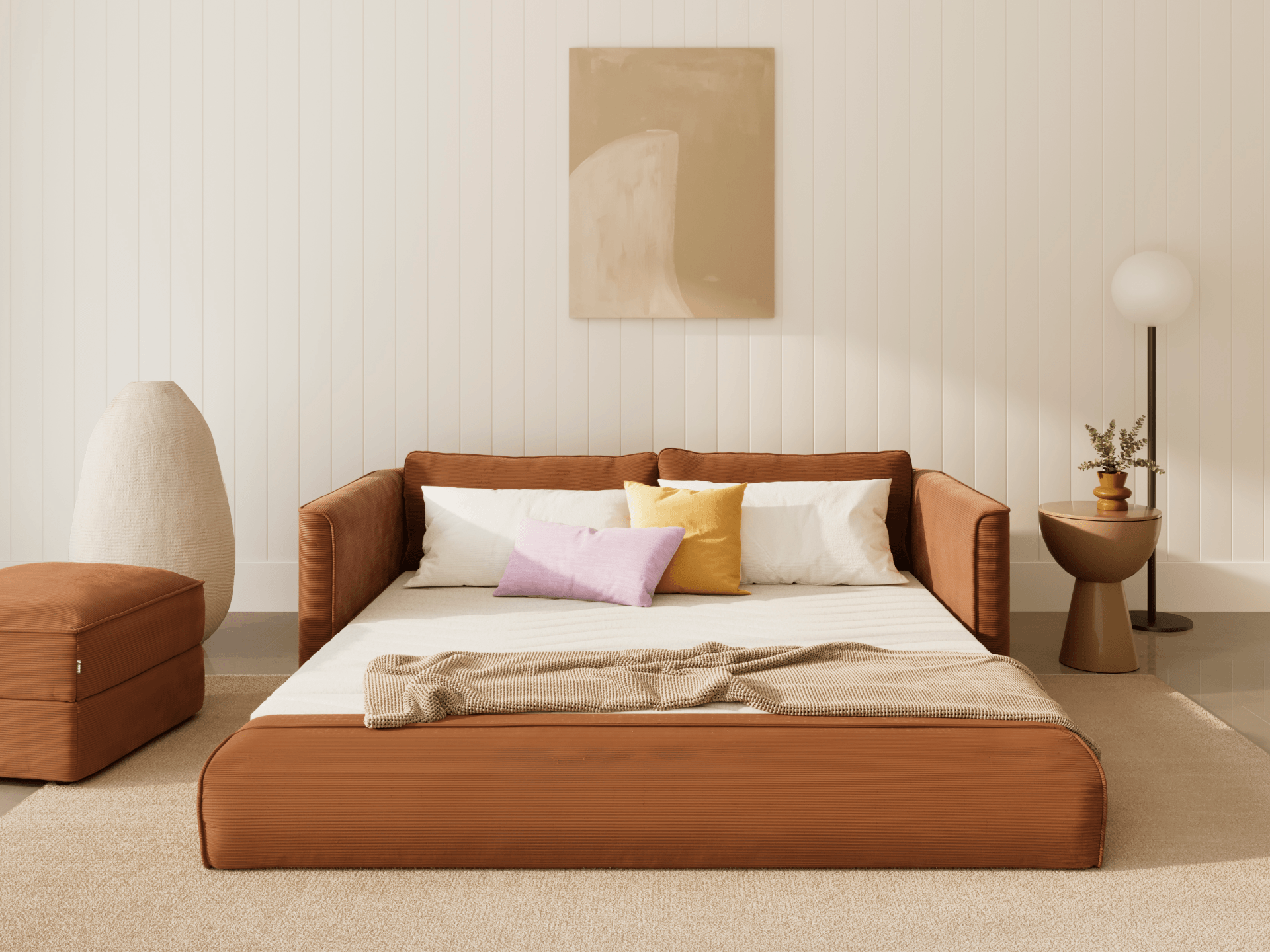 Koala Sofa Bed King in terracotta corduroy studio product shot on grey background