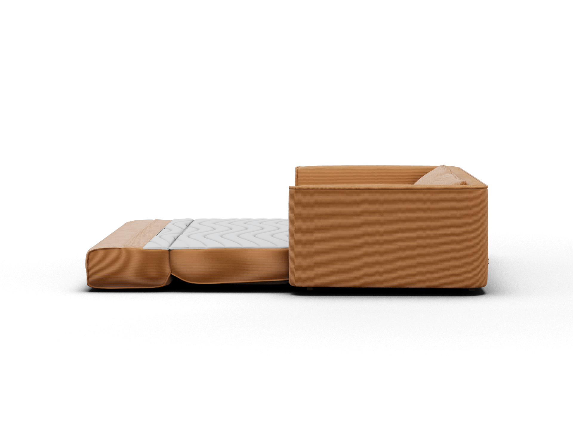 Koala Sofa Bed King in terracotta corduroy unfolded bed mode side profile on grey studio background