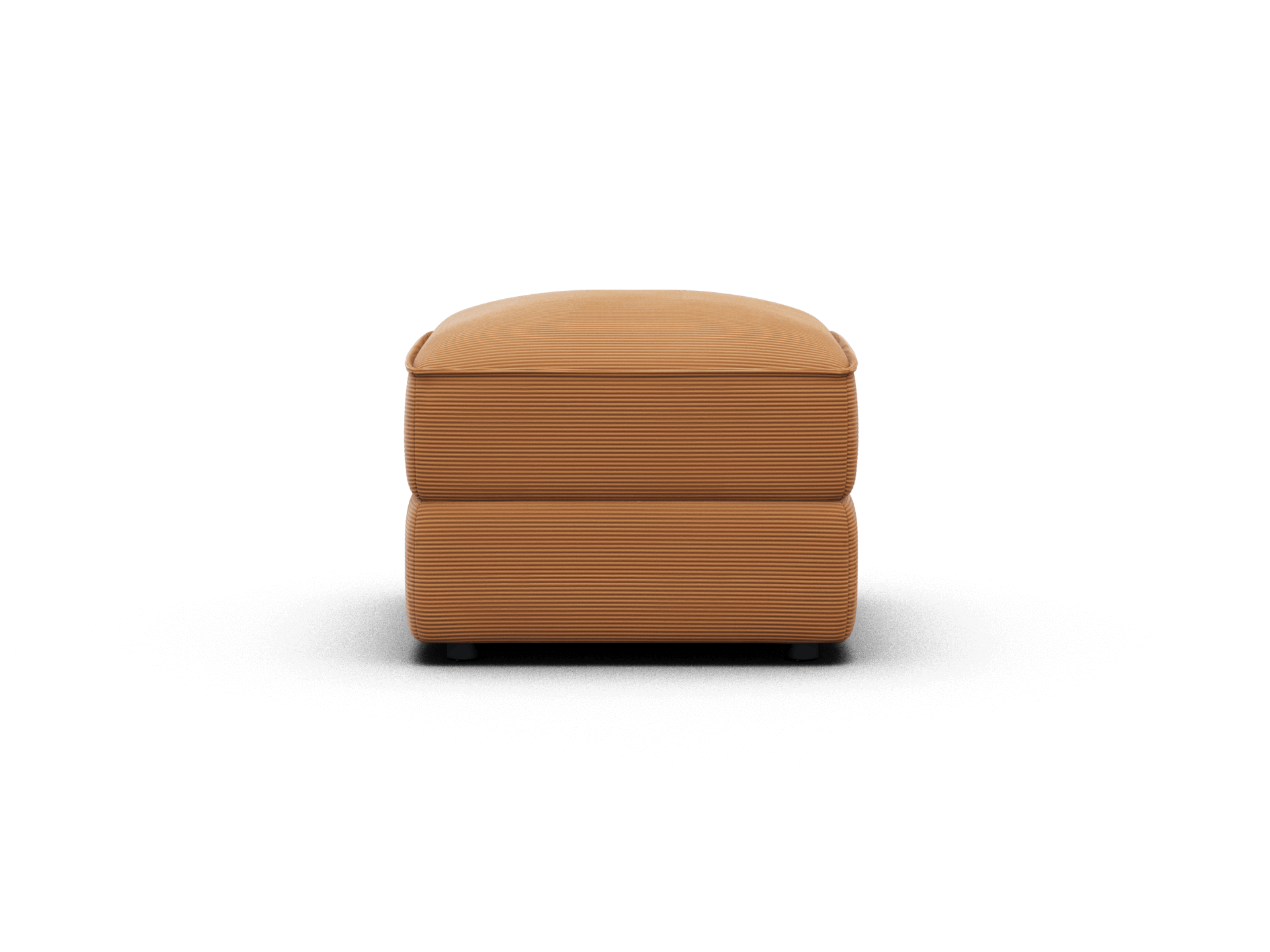 Elegant tan ottoman, upholstered in textured fabric. Features minimalist design with plush top cushion, perfect for modern living spaces or lounges.