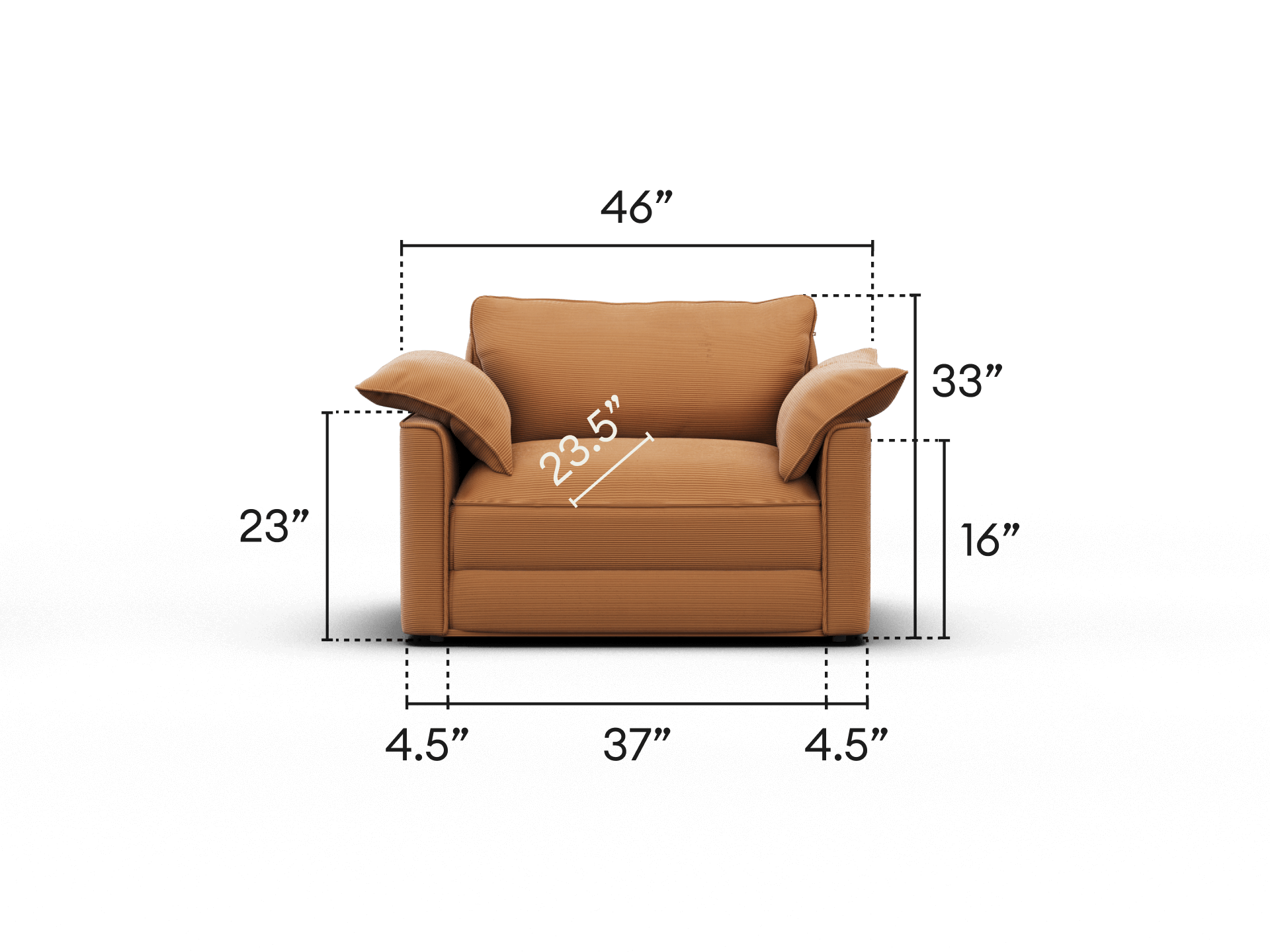 Tan leather armchair with wide armrests and plush cushioning. Features sleek black finished legs. Ideal for sophisticated modern interiors. Dimensions included.