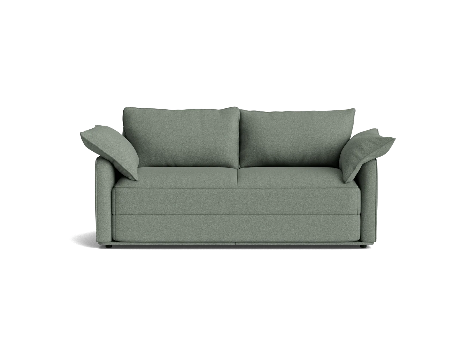 A light green sofa with two large back cushions and two armrest cushions, featuring a sleek, modern design.