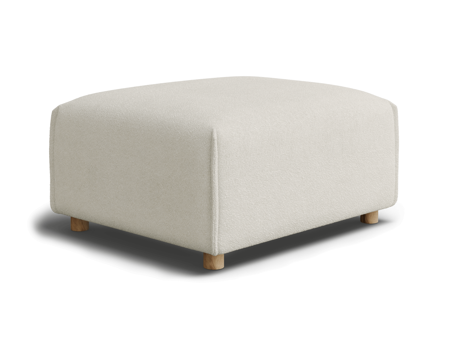 A soft, off-white ottoman with rounded corners and natural wood legs, set against a black background.