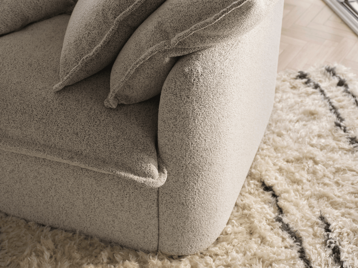 Koala Tamarama 2-section chaise modular sofa in Aussie Latte, linen scatter cushions with sunlit art books