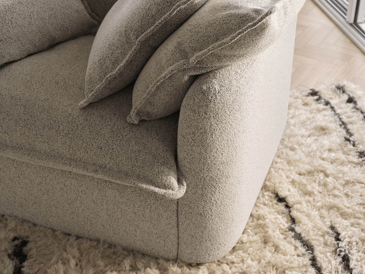 Koala Tamarama 6-section U-shape sectional in Aussie Latte, linen scatter cushions with sunlit art books