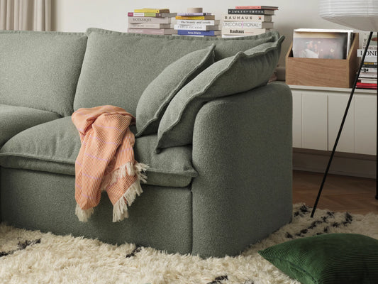 Green sofa with a pink blanket on a white rug in a living room setting.