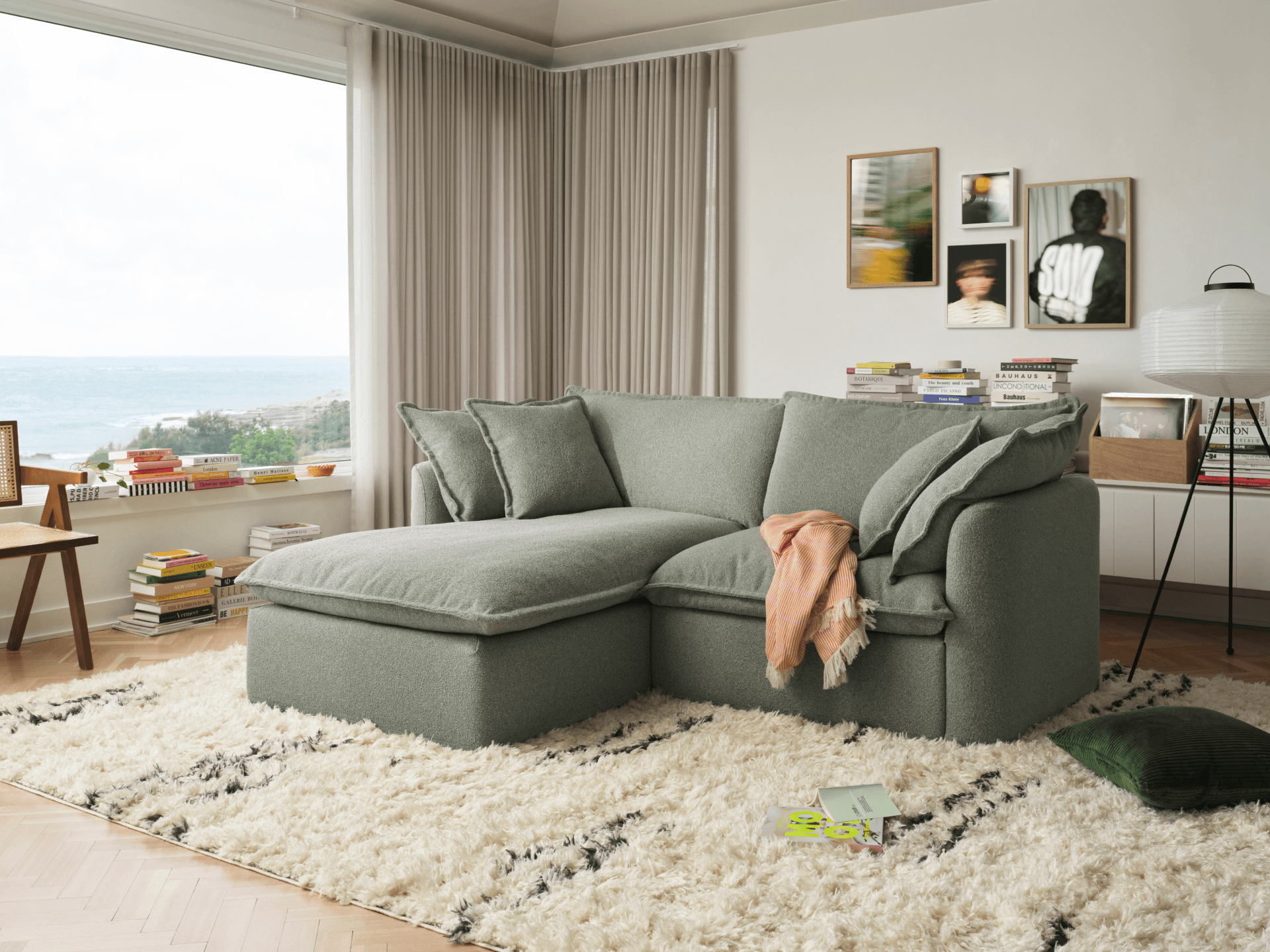 Koala Tamarama 2-section chaise modular sofa in Frosty Grass, with monstera plant and terracotta velvet cushion