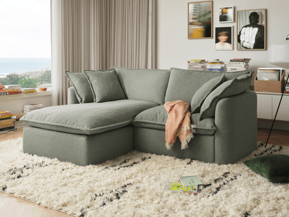 Koala Tamarama 2-section chaise modular sofa in Frosty Grass, with monstera plant and terracotta velvet cushion
