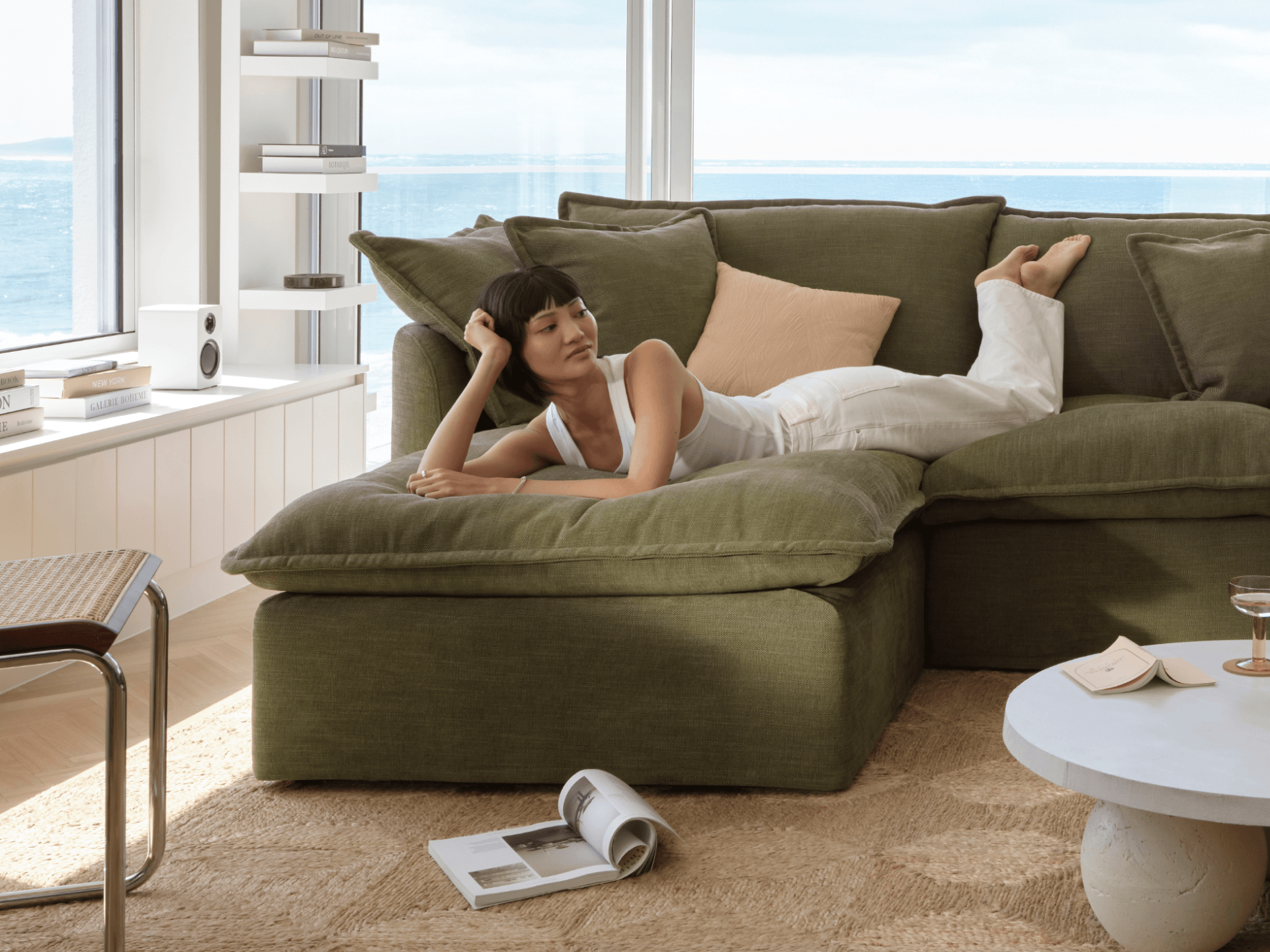 Koala Tamarama 2-section chaise modular sofa in Forest Walk, with monstera plant and terracotta velvet cushion