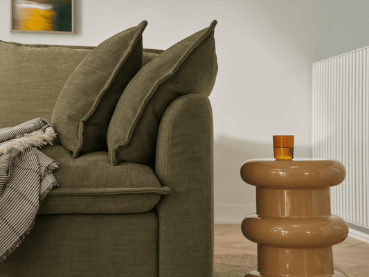 Koala Tamarama 3-section modular sofa in Forest Walk, linen scatter cushions with sunlit art books