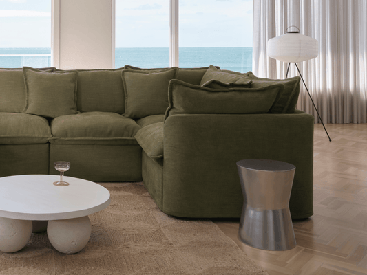 Koala Tamarama 5-section L-shape sectional in Forest Walk, linen scatter cushions with sunlit art books
