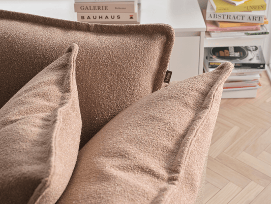 Koala Tamarama 3-section chaise modular sofa in Pebble Beach, linen scatter cushions with sunlit art books