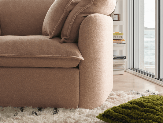 Koala Tamarama 3-section modular sofa in Pebble Beach, linen scatter cushions with sunlit art books