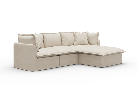 Koala Tamarama Washable Covers 3-section sofa with chaise in cream linen-look fabric on white