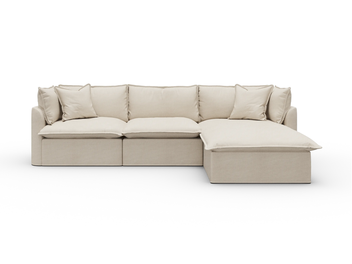 Koala Tamarama Washable Covers 3-section sofa with chaise in cream linen-look fabric on white