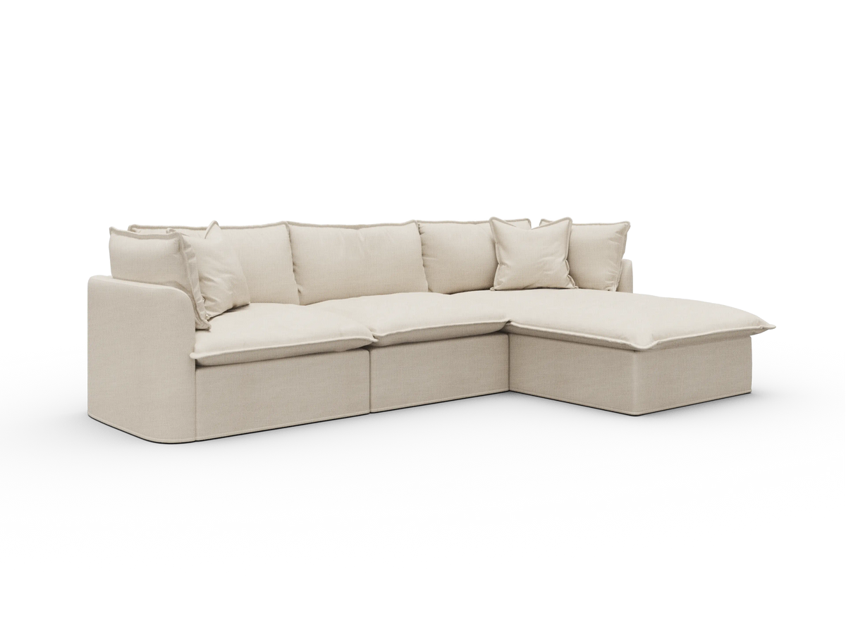 Koala Tamarama Washable Covers 3-section sofa with chaise in cream linen-look fabric on white