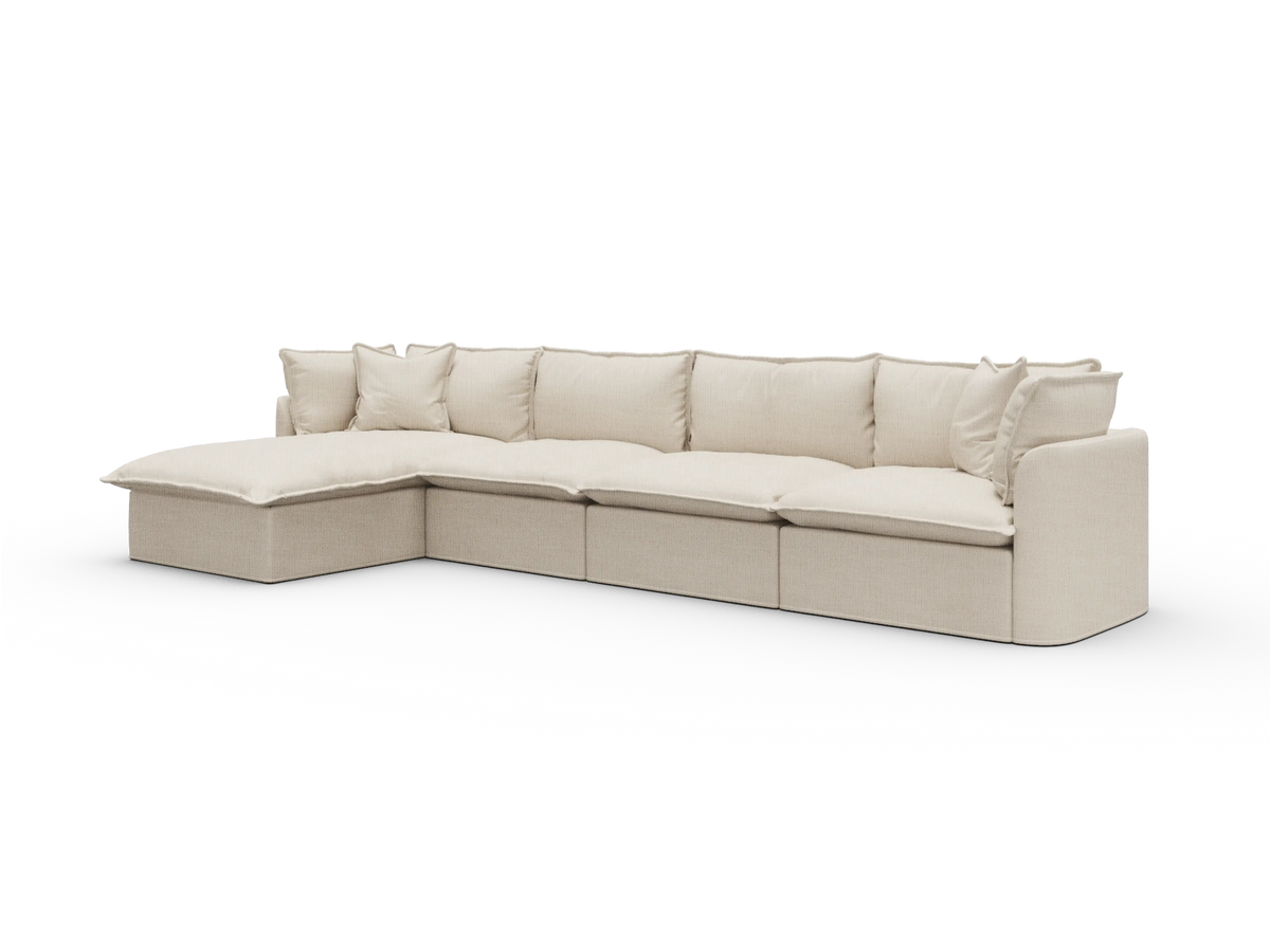 Koala Tamarama Washable Covers 4-section sofa with chaise in cream linen-look fabric on white