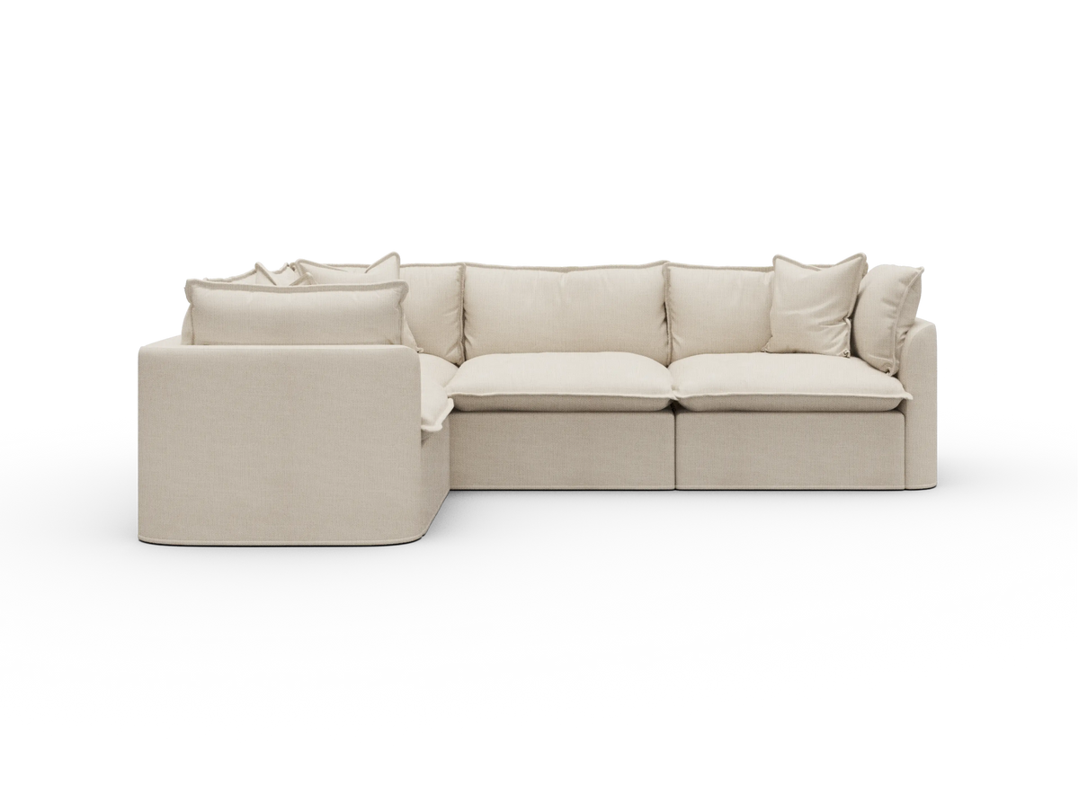 Koala Tamarama Washable Covers 4-section L-shape sectional with corner in cream linen-look fabric on white