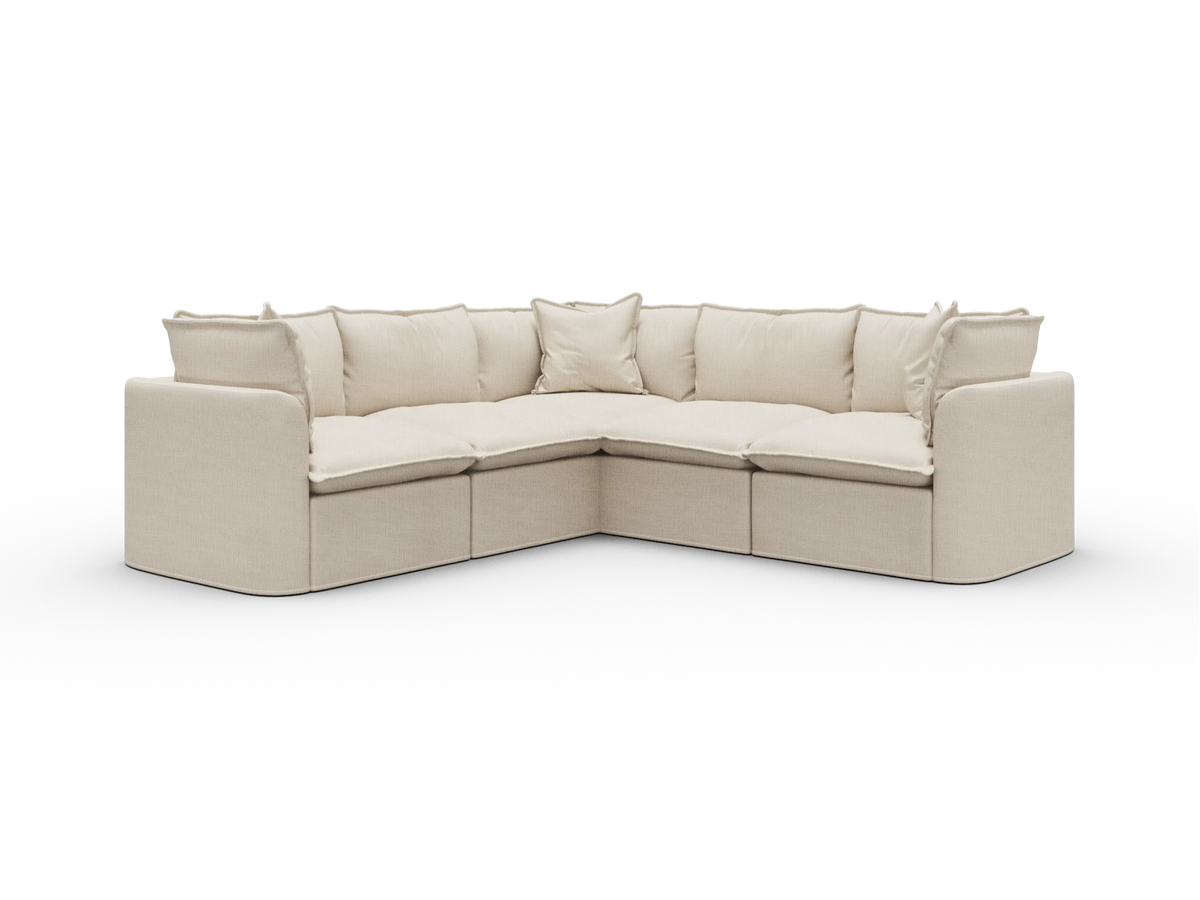 Koala Tamarama Washable Covers 5-section L-shape sectional with corner in cream linen-look fabric on white