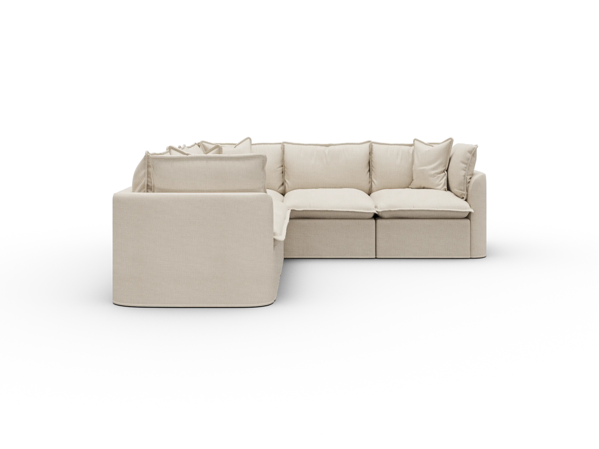 Koala Tamarama Washable Covers 5-section L-shape sectional with corner in cream linen-look fabric on white