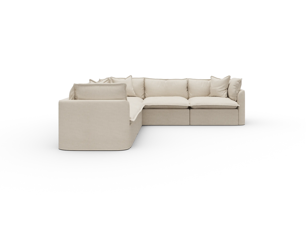 Koala Tamarama Washable Covers 5-section L-shape sectional with corner in cream linen-look fabric on white