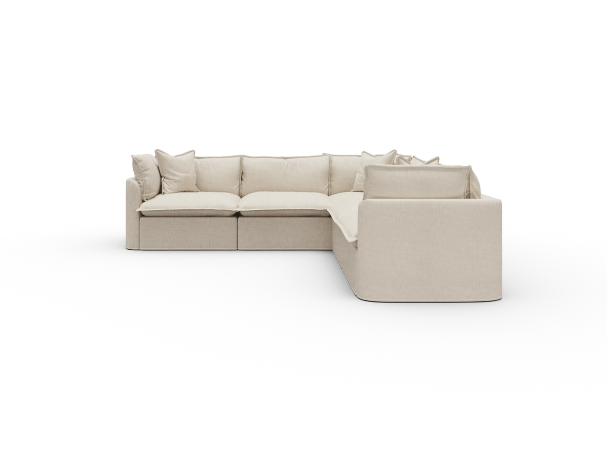 Koala Tamarama Washable Covers 5-section L-shape sectional with corner in cream linen-look fabric on white