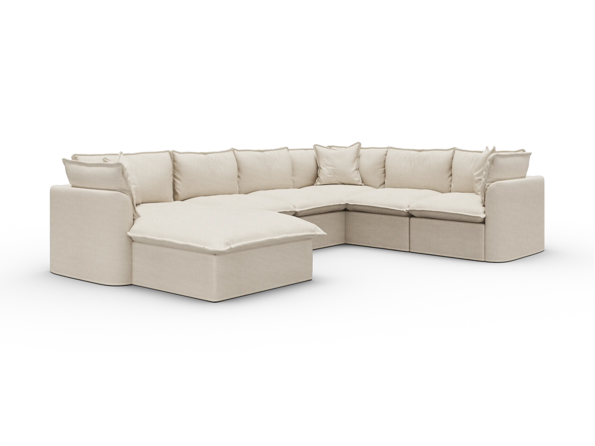Koala Tamarama Washable Covers 6-section L-shape sectional with corner chaise in cream linen-look fabric on white