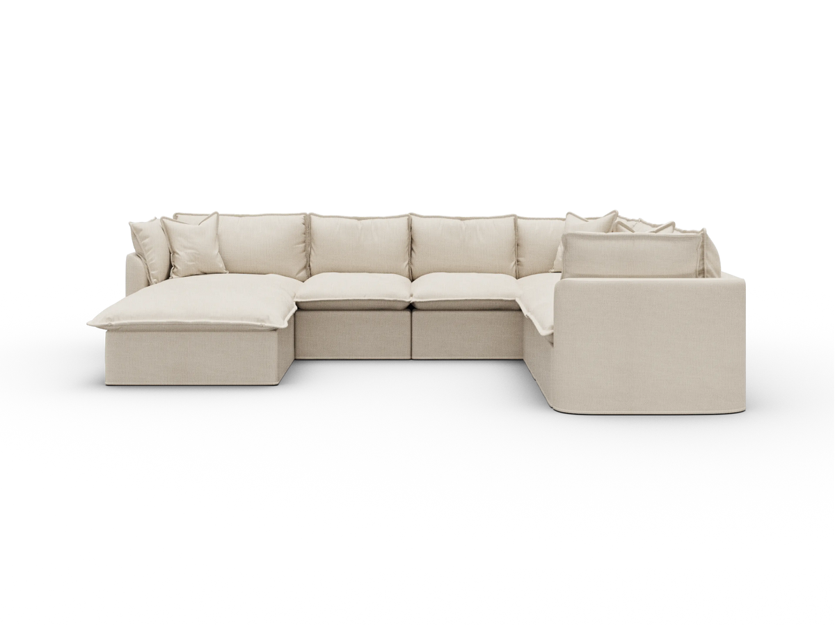 Koala Tamarama Washable Covers 6-section L-shape sectional with corner chaise in cream linen-look fabric on white