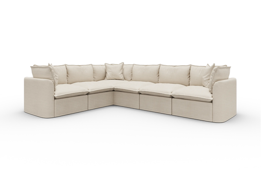 Koala Tamarama Washable Covers 6-section L-shape sectional with corner in cream linen-look fabric on white