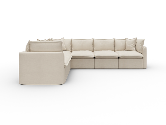 Koala Tamarama Washable Covers 6-section L-shape sectional with corner in cream linen-look fabric on white