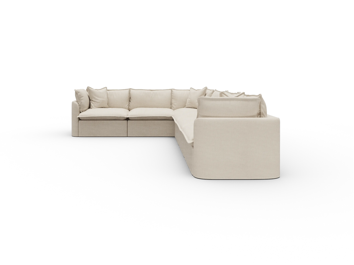 Koala Tamarama Washable Covers 6-section L-shape sectional with corner in cream linen-look fabric on white