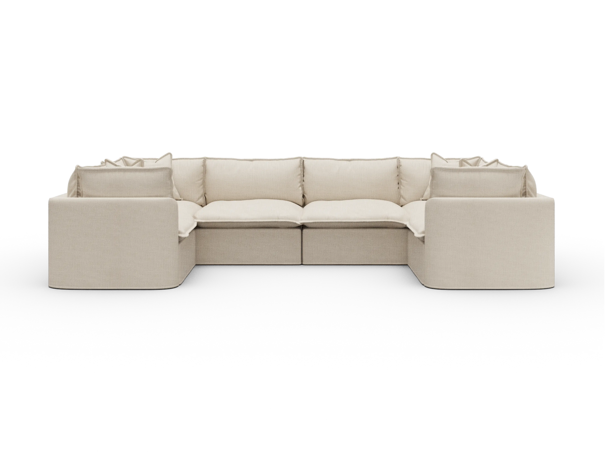 Koala Tamarama Washable Covers 6-section U-shape sectional with two corners in cream linen-look fabric on white